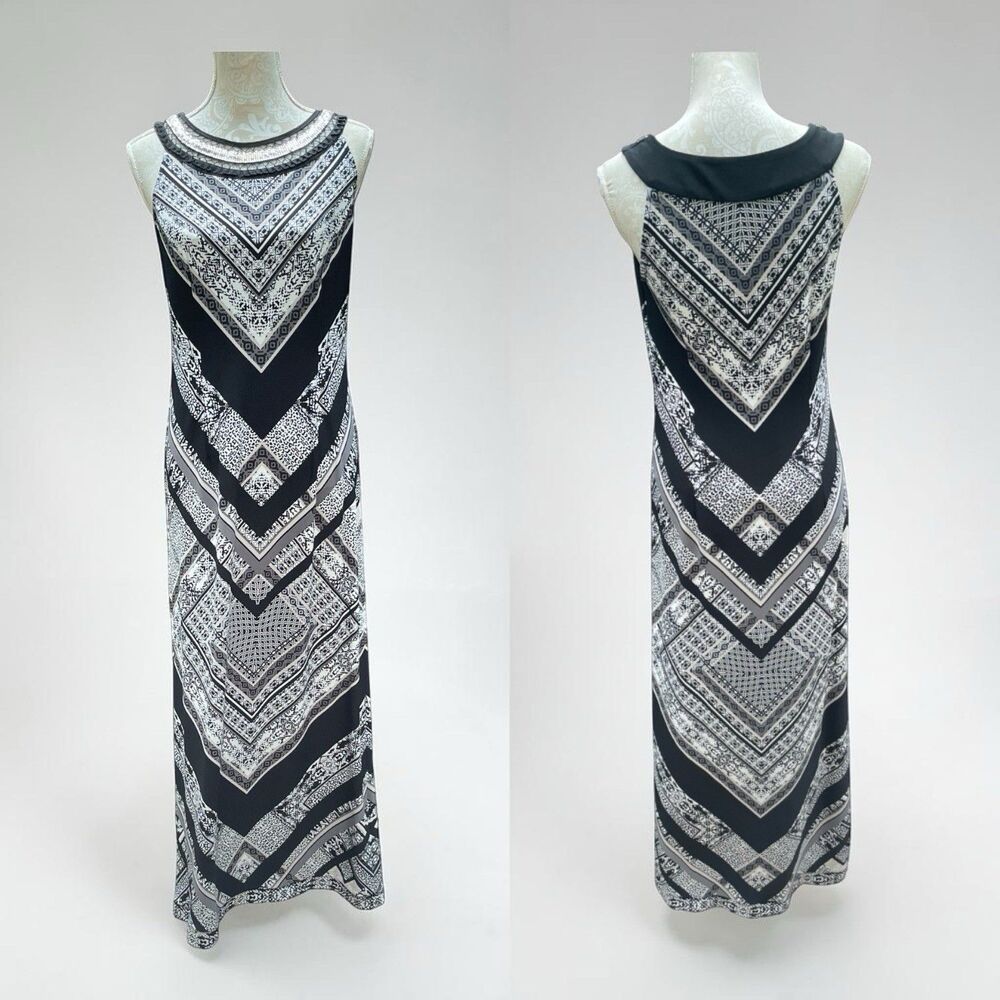 Sandra Darren Embellished Geometric Maxi Dress Black White Stretch Travel Sz 8/M